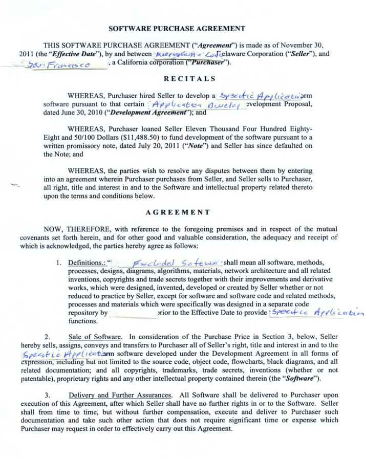 The first page of the San Francisco sale contract itself, showing that the customer had made a loan to Keeping Cash'n'Code in July, right before the company laid Nick off without pay. 