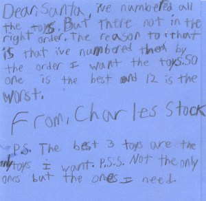 Here's Charlie's 2005 letter to Santa: lots of careful thinking here! He's establishing priorities and a contingency plan!
