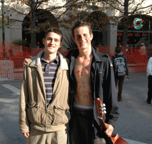 Nick and Tom on Pacific Avenue downtown, Halloween 2007. Our boys' costumes frequently featured an excess of blood and gore: see the above photo. Tom is Sid Vicious of the Sex Pistols here, and Nick is either not in costume or a nerd: he sometimes dressed as a nerd.