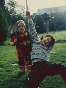 Tom with Nick in the back garden at Grandma's house in Marlow, around Christmas 1991. 