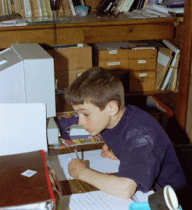 Nick hard at work at Grand-Père's desk in April 1997 at La Grée, before we moved to Santa Cruz. Both he and Tom are left-handed.