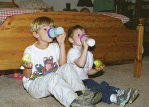 Baby bottles and apples do not distract us from our screen. They add to the enjoyment! May 2001.