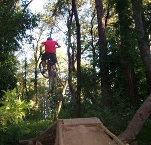 From the back, showing the ramp that he took off from.