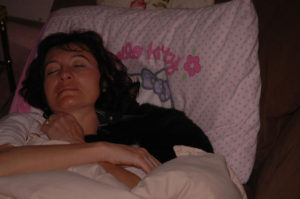 Maman took to sleeping downstairs on the couch for long periods. Here she is with Snip: hello Kitty!