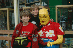During a visit to Legoland in Carlsbad, south of Los Angeles, the boys posed, appropriately enough, with a lego man. 