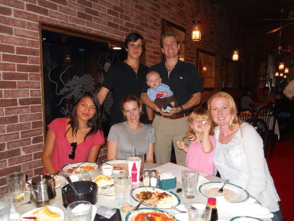 Antony, holding Dylan (four months), and Courtney now have two children, Dylan and Ava (almost 4, next to Laura), and are loving it! Laura, came out with the group for the dinner.