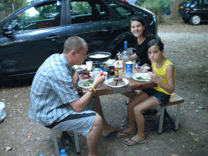 A meal in the campground, taken by Pierre. Marie-Hélène always said that he was a good cook.