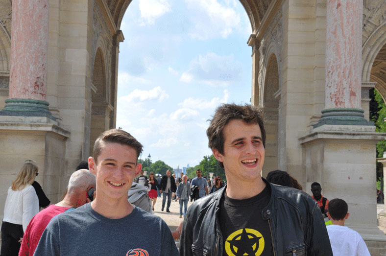 Alex and Tom during our guided tour of the sights of Paris. According to Tom, through the arch and in alignment are the obelisk at Concorde, the Arc de Triomphe and the Grande Arche de la Défense. We are standing here at the boundary between thee Jardin des Tuiléries and the Louvre