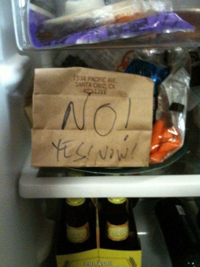 Back to strange messages: I left a delicate negative as a reminder that the remaining half sandwich (from Zoccoli's) was not to be touched. Someone disagreed with the no!