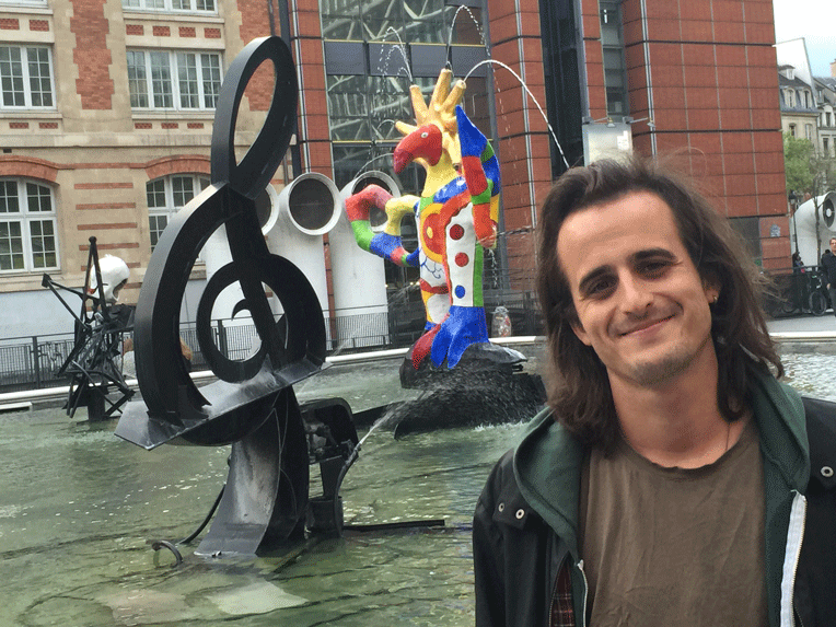Tom, the music man, outside of the Pompidou Center in Paris (the Paris Museum of Modern Art, known as Beaubourg) on the day that he arrived from Athens. 