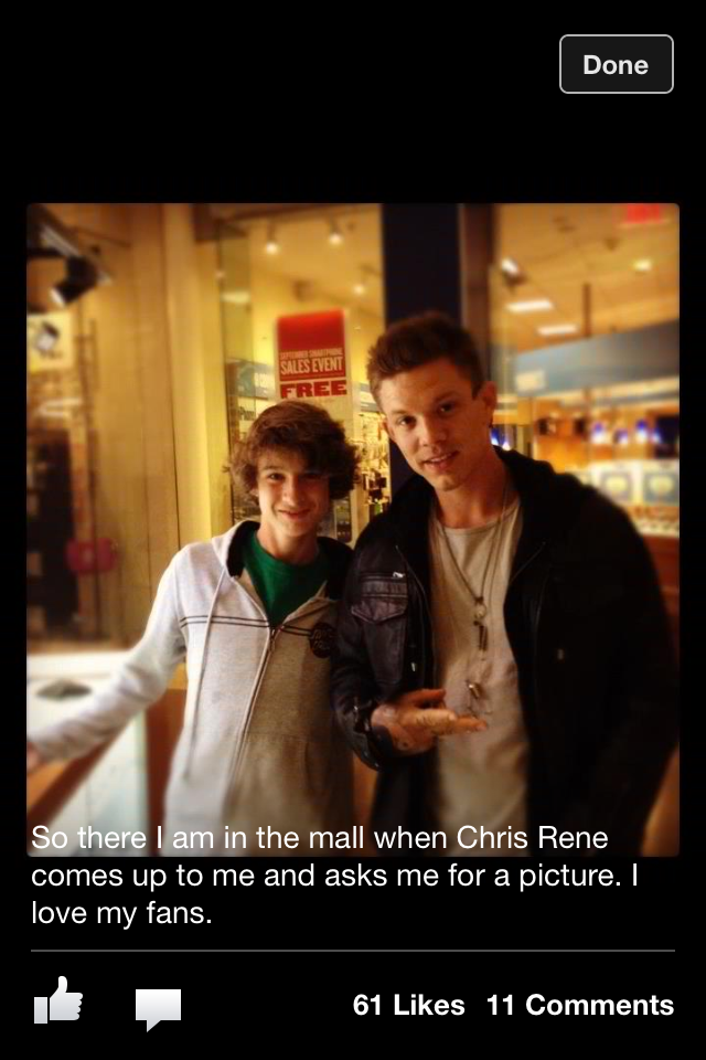 Chris Rene is a local celebrity, having placed third in X-Factor, Simon Cowell's new TV show. Alex ran across him in the local mall, and posted this on FaceBook with his own caption.