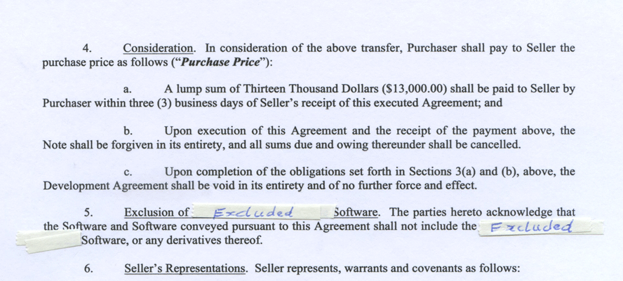 The top of the second page of the IP sale contract, showing the components of the purchase price as well as the "Excluded Software." Squiggel Chimp was earning a decent chunk of change for just one piece of its intellectual property.